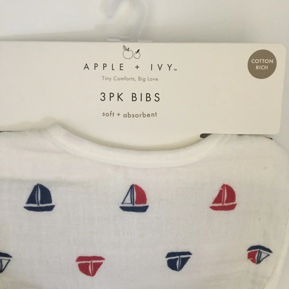 Baby Burp Cloths 3pk Cotton Sailboat Theme Soft Absorbent NEW | Apple + Ivy